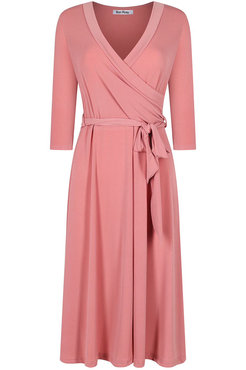 Bon Rosy, Women's, 3/4 Sleeve Faux Wrap Midi Dress Knee Length, Blush, S